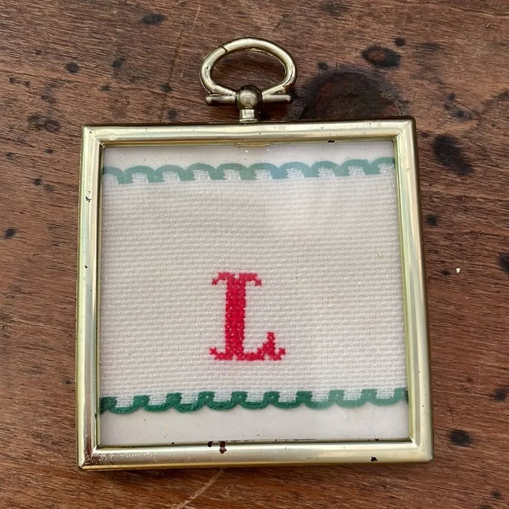 Vtg collection of‎ 6 handmade/homemade cross-stitch square gold frame ornaments